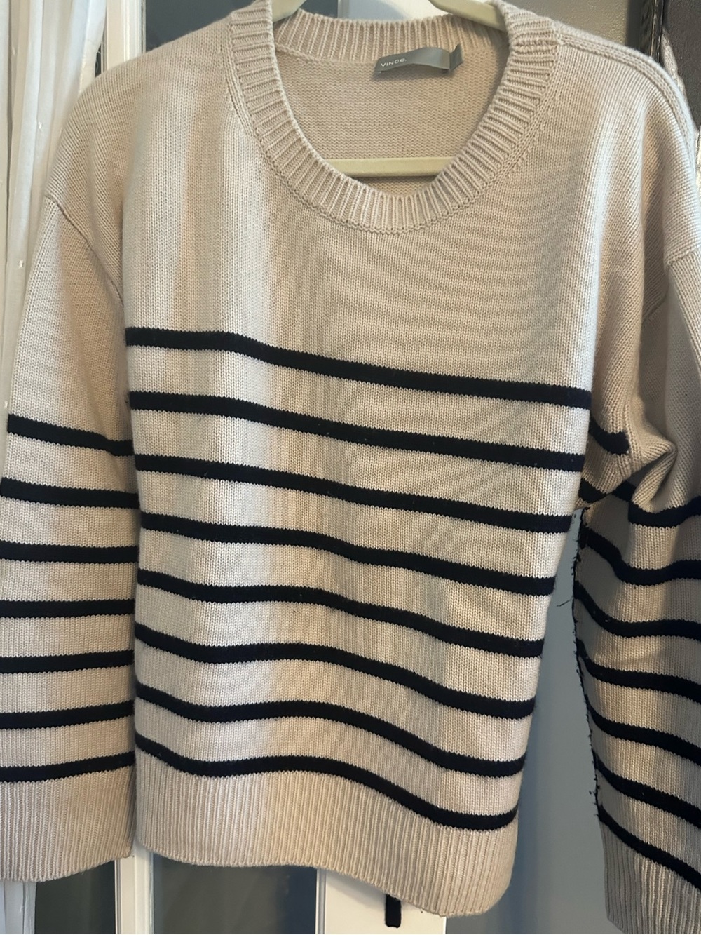 Vince Beige Cashmere Crewneck Sweater with Black Stripes